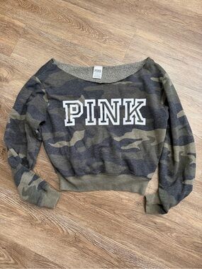 Vs Victorias Secret Pink Everyday Lounge Crop Crew Sweater Top  Camo XS
